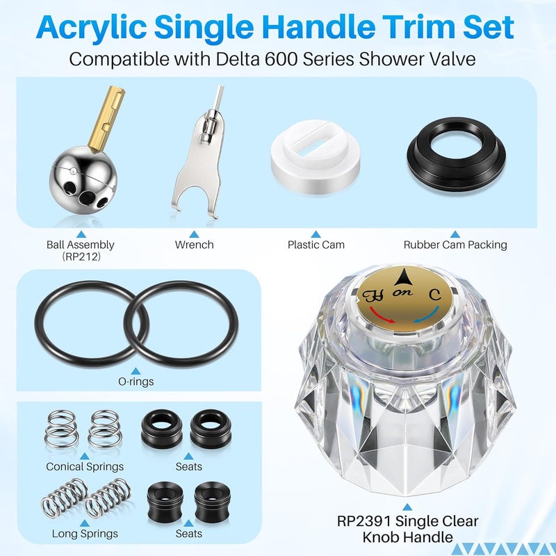 Avenuebool Acrylic Single Handle Trim Set, Complete Faucet Repair Kit Replacement Compatible with Delta 600 Series Shower Valve, Compatible with RP212 Stainless Steel Ball Valves and Clear Knob - Image 2